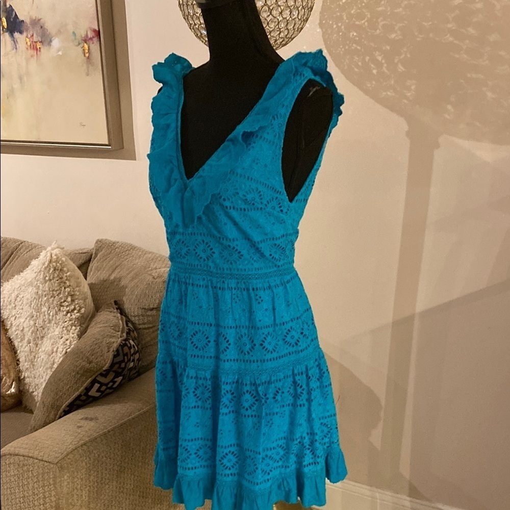 Alice+Olivia dress size 4Turquoise Blue Tiered Ruffled V-Neck Sundress - Picture 4 of 8